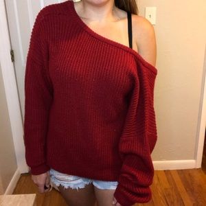 Red oversized off the shoulder sweater